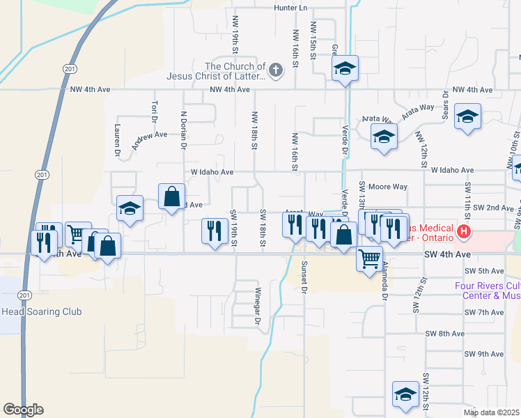 map of restaurants, bars, coffee shops, grocery stores, and more near 1825 Arcata Way in Ontario