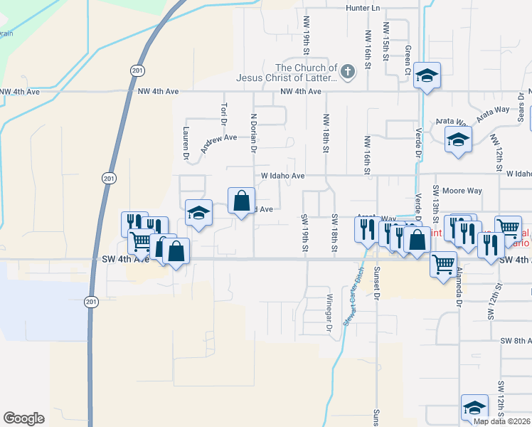 map of restaurants, bars, coffee shops, grocery stores, and more near 2097 South Dorian Way in Ontario