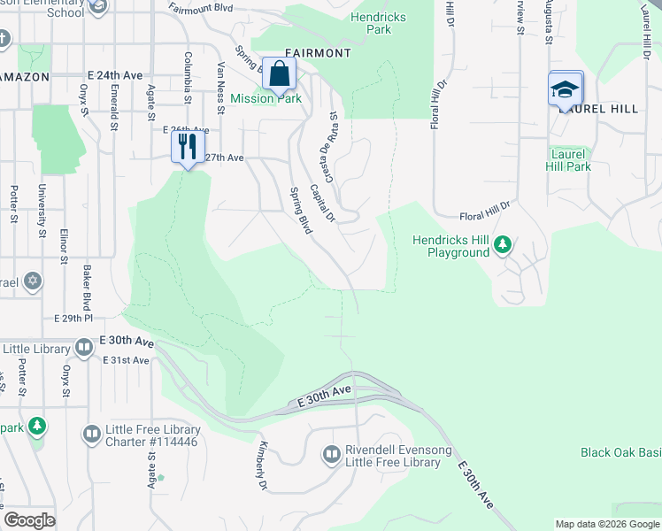 map of restaurants, bars, coffee shops, grocery stores, and more near 2865 Central Boulevard in Eugene