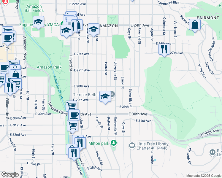 map of restaurants, bars, coffee shops, grocery stores, and more near 2825 University Street in Eugene