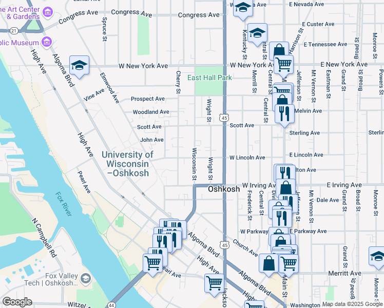 map of restaurants, bars, coffee shops, grocery stores, and more near 525 West Lincoln Avenue in Oshkosh
