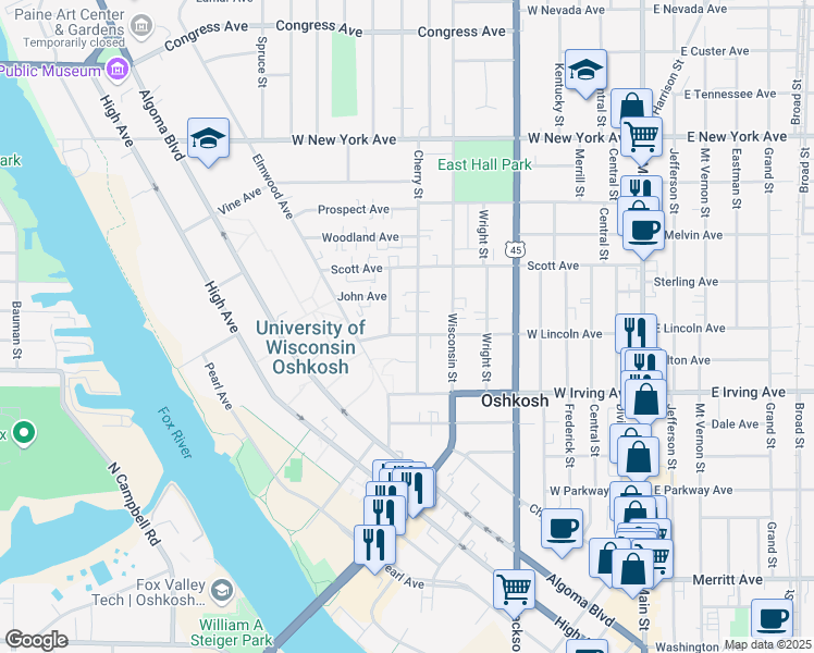 map of restaurants, bars, coffee shops, grocery stores, and more near 750 Cherry Street in Oshkosh