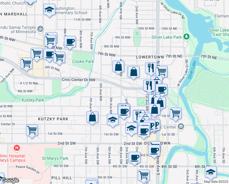 map of restaurants, bars, coffee shops, grocery stores, and more near 415 3rd Street Northwest in Rochester