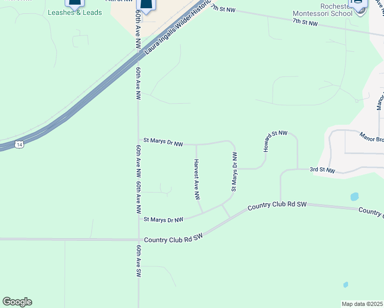 map of restaurants, bars, coffee shops, grocery stores, and more near 263 Harvest Avenue Northwest in Rochester