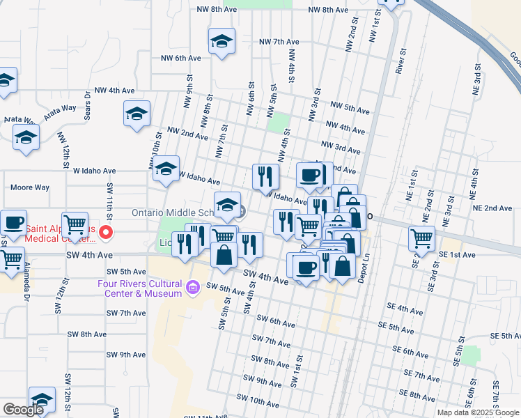map of restaurants, bars, coffee shops, grocery stores, and more near 407 Southwest 1st Avenue in Ontario