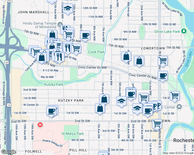 map of restaurants, bars, coffee shops, grocery stores, and more near 723 3rd Street Northwest in Rochester