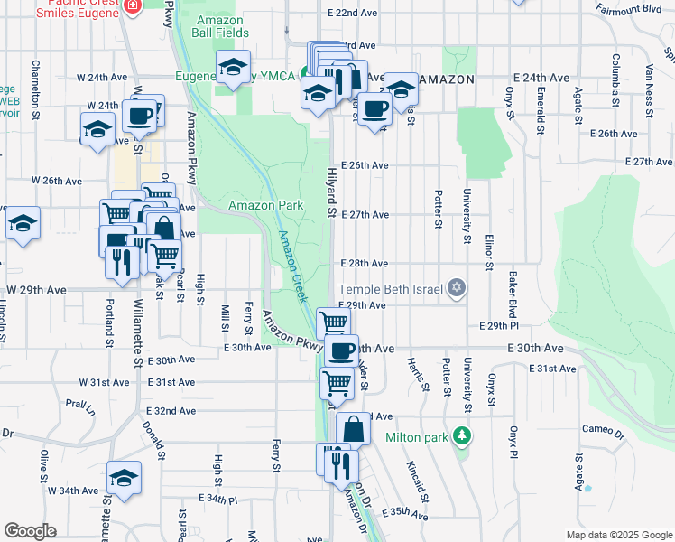map of restaurants, bars, coffee shops, grocery stores, and more near 2825 Hilyard Street in Eugene