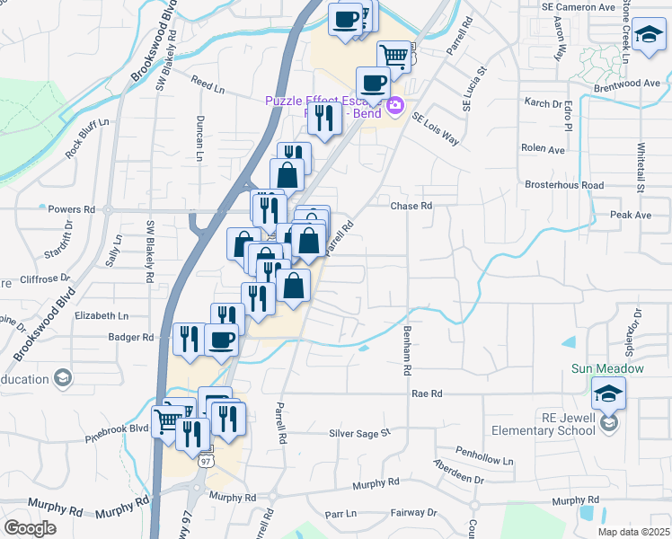 map of restaurants, bars, coffee shops, grocery stores, and more near 61310 Parrell Road in Bend