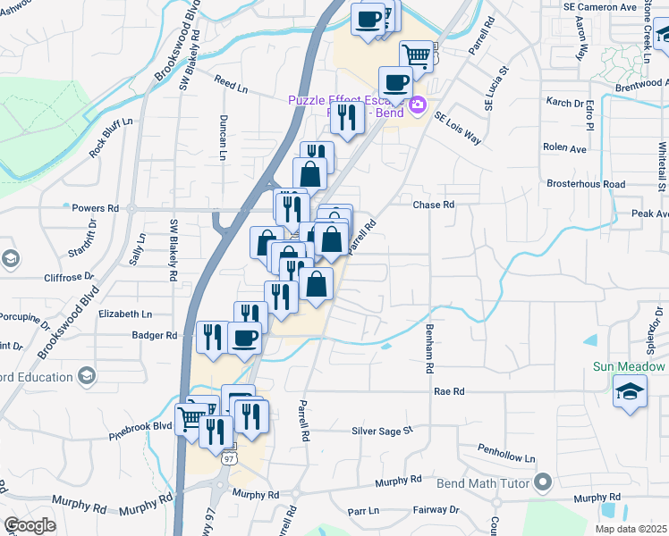 map of restaurants, bars, coffee shops, grocery stores, and more near 61310 Parrell Road in Bend