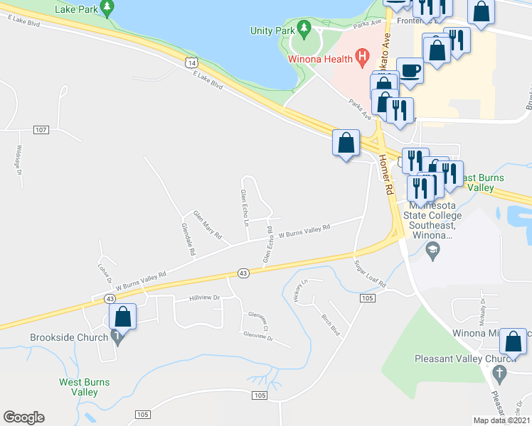 map of restaurants, bars, coffee shops, grocery stores, and more near 768 Glen Lane in Winona