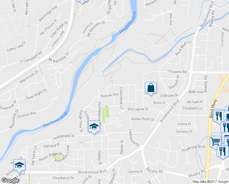 map of restaurants, bars, coffee shops, grocery stores, and more near 19832 Kenzie Avenue in Bend