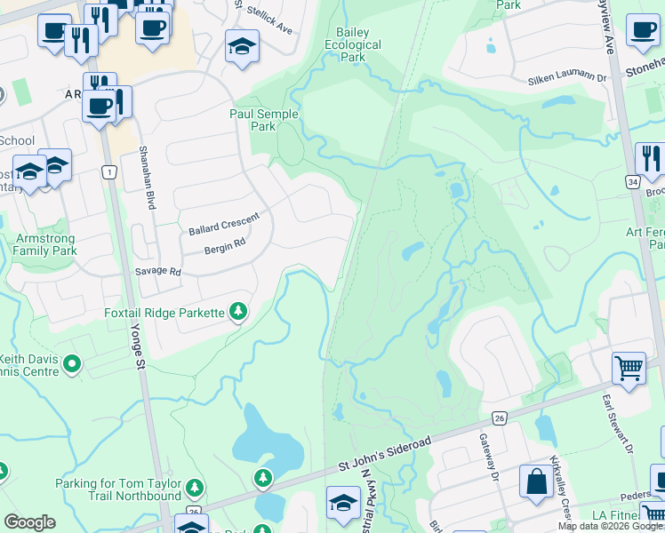 map of restaurants, bars, coffee shops, grocery stores, and more near 896 Bosworth Court in Newmarket