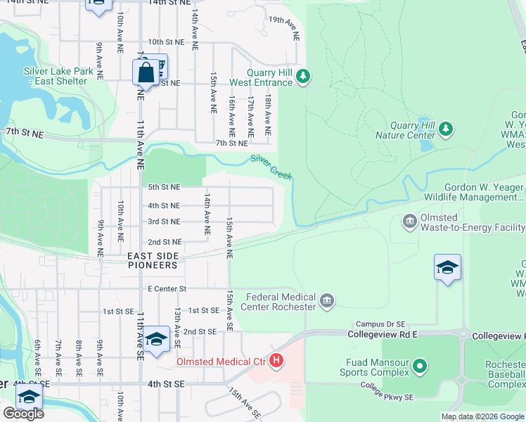 map of restaurants, bars, coffee shops, grocery stores, and more near 1533 3rd Street Northeast in Rochester
