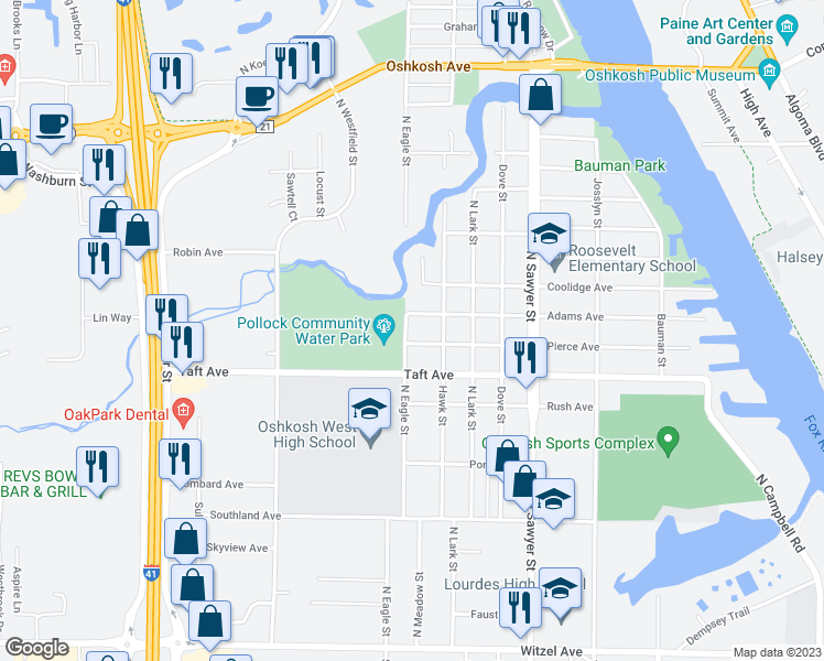 map of restaurants, bars, coffee shops, grocery stores, and more near 706 North Eagle Street in Oshkosh