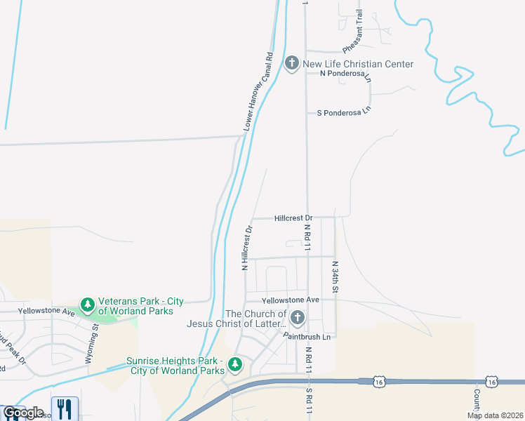 map of restaurants, bars, coffee shops, grocery stores, and more near 1100-1198 Hillcrest Drive in Worland