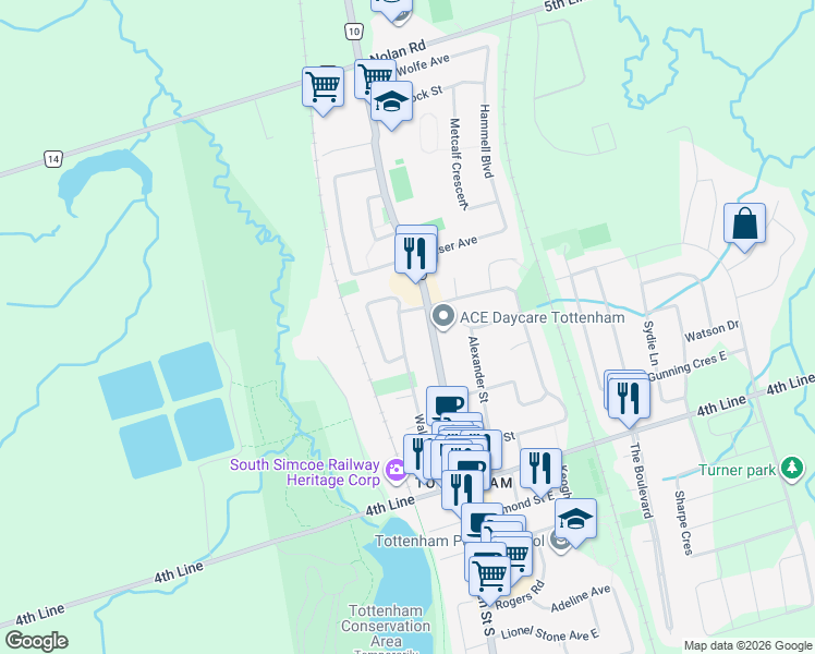 map of restaurants, bars, coffee shops, grocery stores, and more near 97 Walkem Drive in New Tecumseth