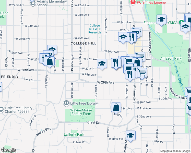 map of restaurants, bars, coffee shops, grocery stores, and more near 315 West 29th Avenue in Eugene