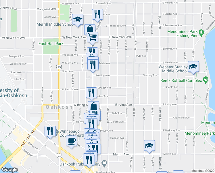 map of restaurants, bars, coffee shops, grocery stores, and more near 756 Jefferson Street in Oshkosh