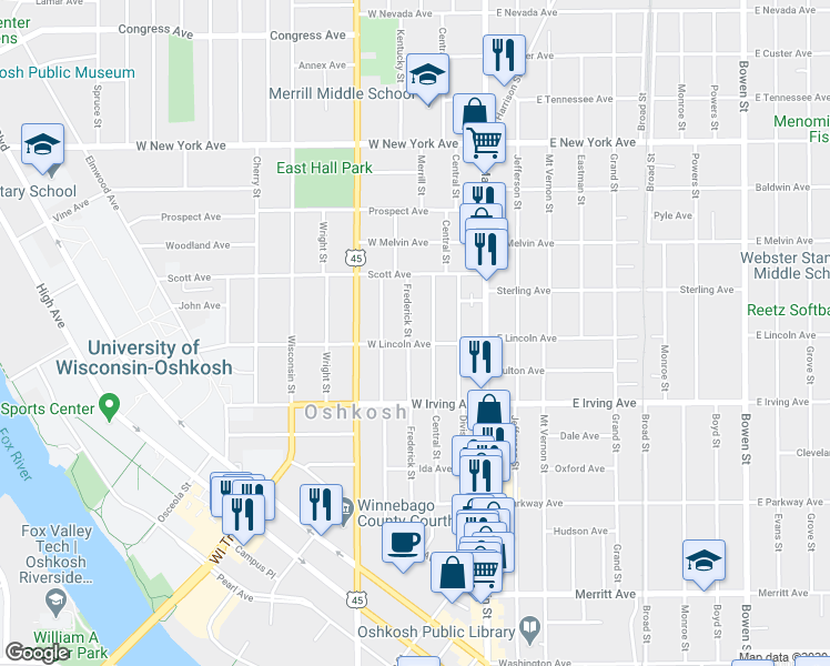 map of restaurants, bars, coffee shops, grocery stores, and more near 752 Frederick Street in Oshkosh