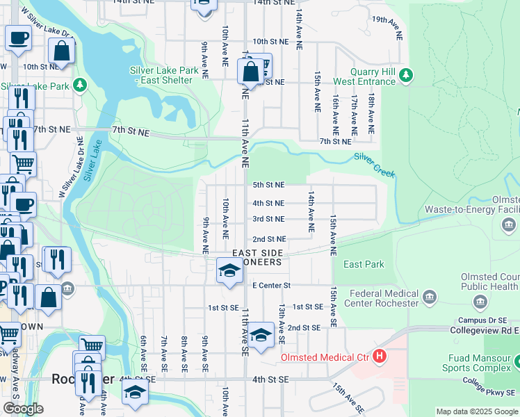 map of restaurants, bars, coffee shops, grocery stores, and more near 1118 4th Street Northeast in Rochester