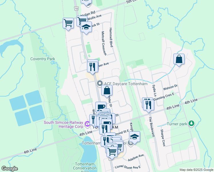 map of restaurants, bars, coffee shops, grocery stores, and more near 60 Alexander Street in New Tecumseth