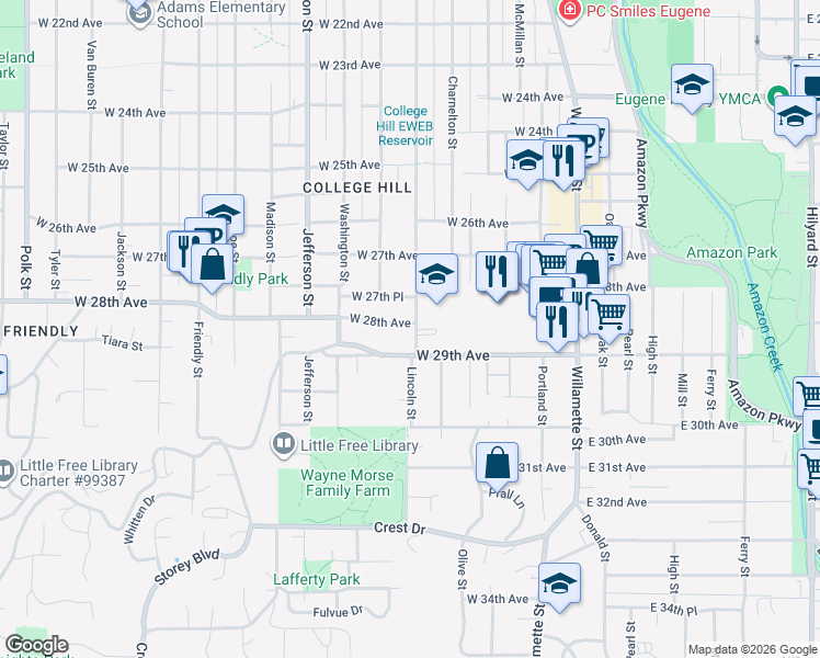 map of restaurants, bars, coffee shops, grocery stores, and more near 315 West 29th Avenue in Eugene