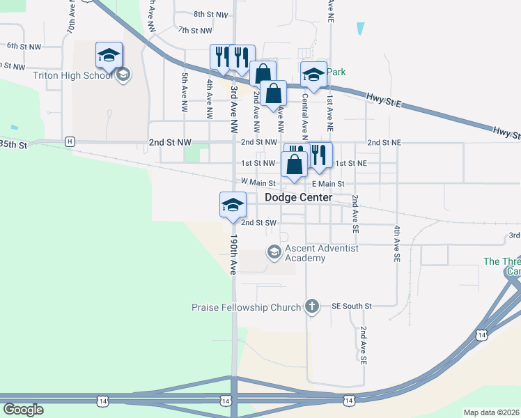 map of restaurants, bars, coffee shops, grocery stores, and more near 104 2nd Avenue Northwest in Dodge Center