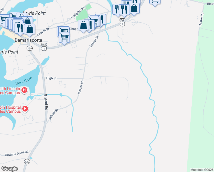 map of restaurants, bars, coffee shops, grocery stores, and more near 207 Ledgewood Court Drive in Damariscotta