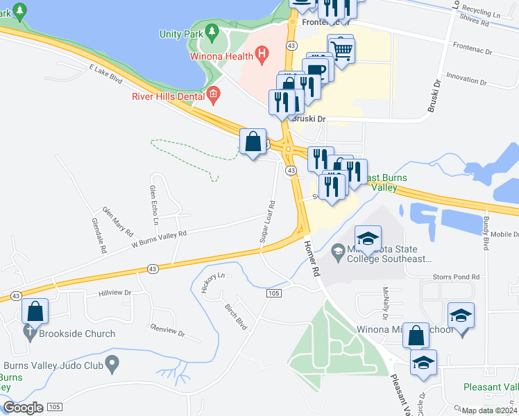 map of restaurants, bars, coffee shops, grocery stores, and more near 954 West Burns Valley Road in Winona
