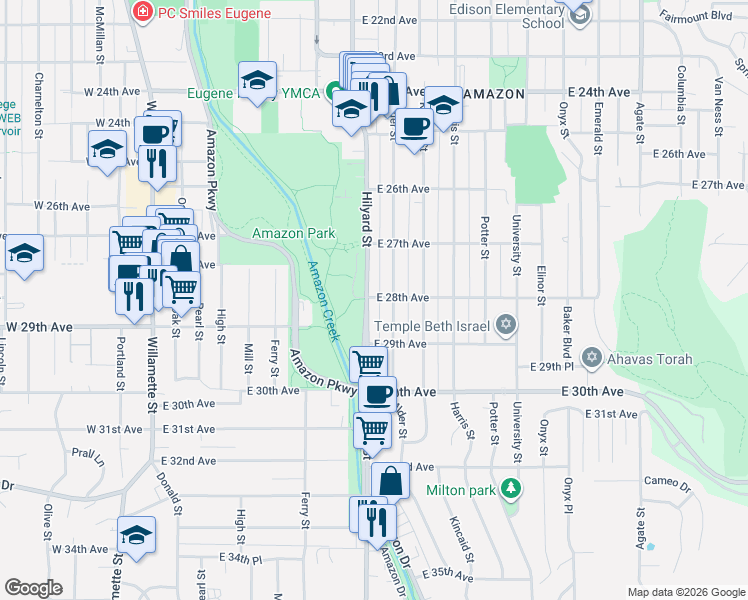 map of restaurants, bars, coffee shops, grocery stores, and more near 2845 Hilyard Street in Eugene
