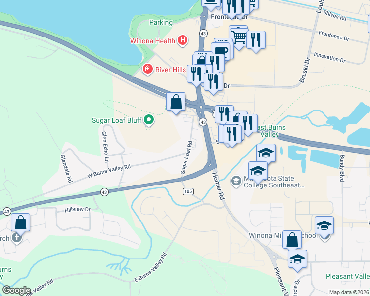map of restaurants, bars, coffee shops, grocery stores, and more near 1160 Sugar Loaf Road in Winona