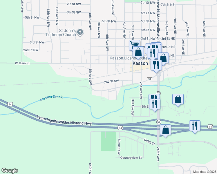 map of restaurants, bars, coffee shops, grocery stores, and more near 503 County Highway 34 in Kasson