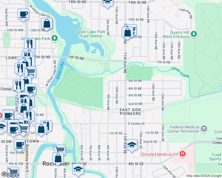 map of restaurants, bars, coffee shops, grocery stores, and more near 306 9th Avenue Northeast in Rochester