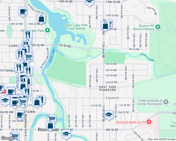 map of restaurants, bars, coffee shops, grocery stores, and more near 306 9th Avenue Northeast in Rochester
