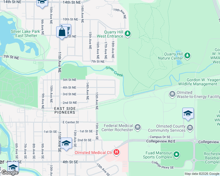 map of restaurants, bars, coffee shops, grocery stores, and more near 1533 3rd Street Northeast in Rochester