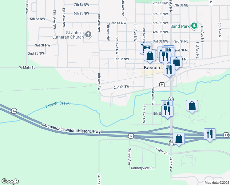 map of restaurants, bars, coffee shops, grocery stores, and more near 503 County Highway 34 in Kasson