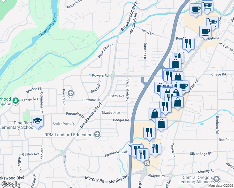 map of restaurants, bars, coffee shops, grocery stores, and more near 20058 Beth Avenue in Bend