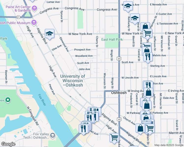 map of restaurants, bars, coffee shops, grocery stores, and more near 814 Mckinley Street in Oshkosh