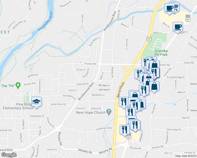 map of restaurants, bars, coffee shops, grocery stores, and more near 20052 Mount Hope Lane in Bend