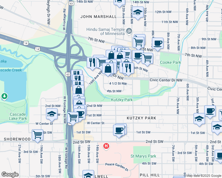 map of restaurants, bars, coffee shops, grocery stores, and more near 1248 4th Street Northwest in Rochester