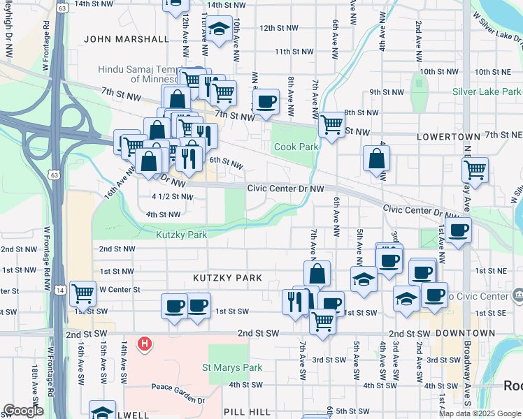 map of restaurants, bars, coffee shops, grocery stores, and more near 408 8 1/2 Avenue Northwest in Rochester