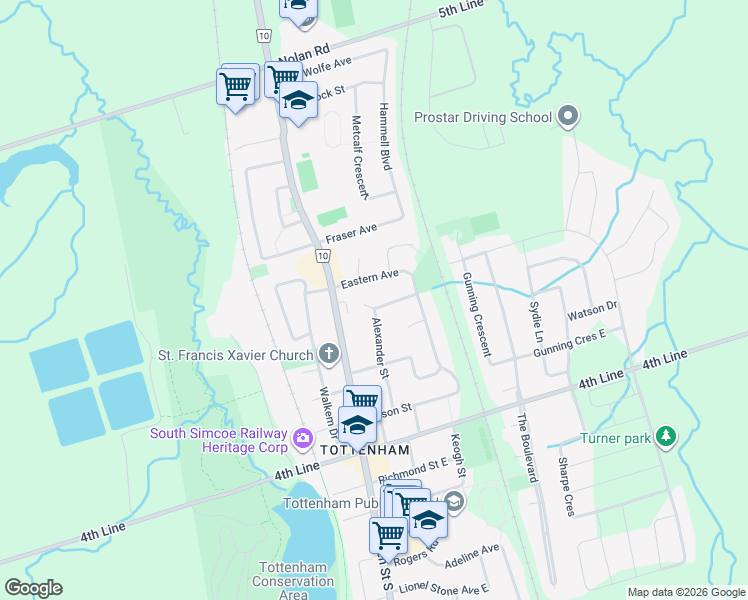 map of restaurants, bars, coffee shops, grocery stores, and more near 60 Alexander Street in New Tecumseth