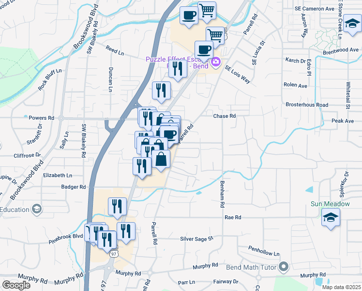 map of restaurants, bars, coffee shops, grocery stores, and more near 20249 Knightsbridge Place in Bend