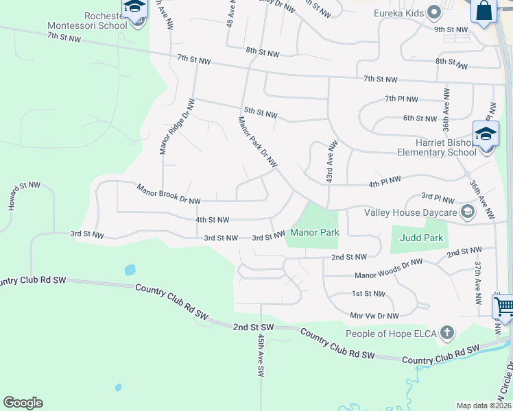 map of restaurants, bars, coffee shops, grocery stores, and more near 4520 Manor Brook Drive Northwest in Rochester