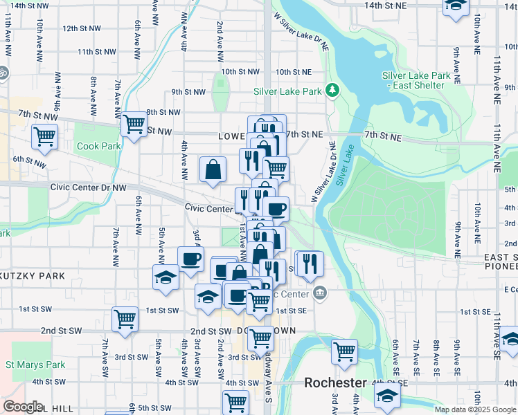 map of restaurants, bars, coffee shops, grocery stores, and more near 401 North Broadway Avenue in Rochester