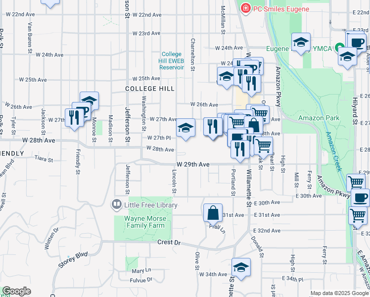 map of restaurants, bars, coffee shops, grocery stores, and more near 2855 Lincoln Street in Eugene
