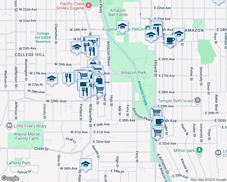 map of restaurants, bars, coffee shops, grocery stores, and more near 2849 High Street in Eugene