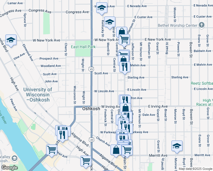 map of restaurants, bars, coffee shops, grocery stores, and more near 820 Frederick Street in Oshkosh