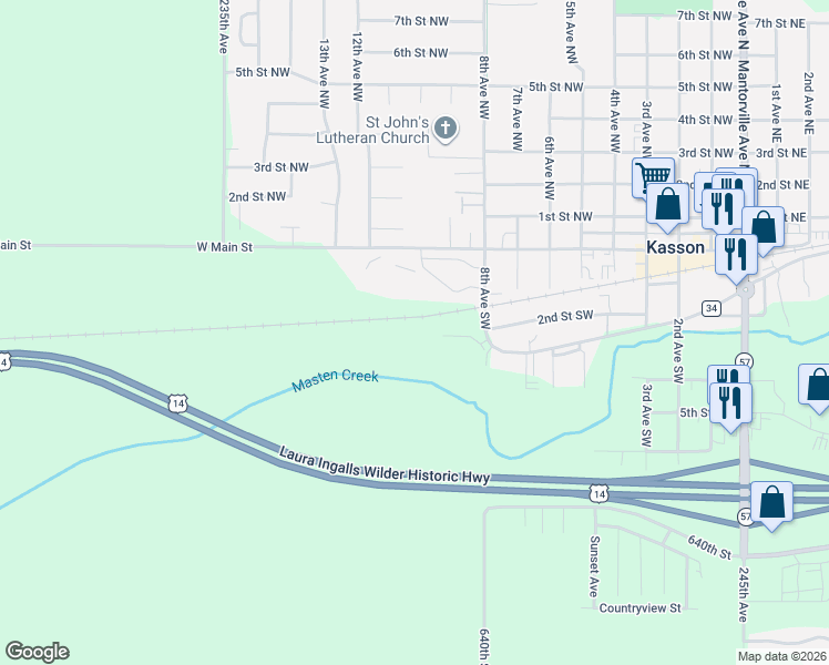 map of restaurants, bars, coffee shops, grocery stores, and more near 905 3rd Street Southwest in Kasson