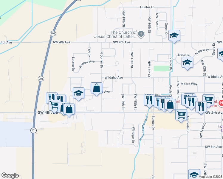 map of restaurants, bars, coffee shops, grocery stores, and more near 2097 Southwest 3rd Avenue in Ontario